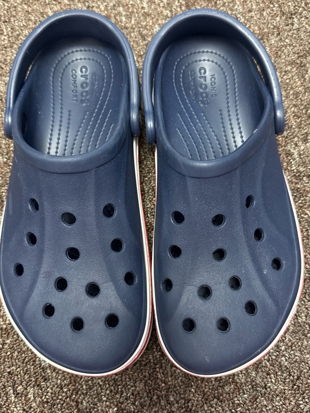 CROCS Navy Blue Clogs with White & Red Trim